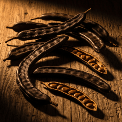 Editorial-style image of the Carob from the taxonomy legumes, arranged artfully on a rustic wooden surface with dramatic lighting to highlight its unique shape and color.