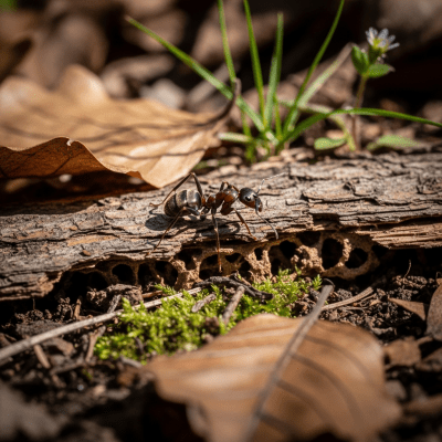 Detailed image showing a Carpenter Ant in its natural environment