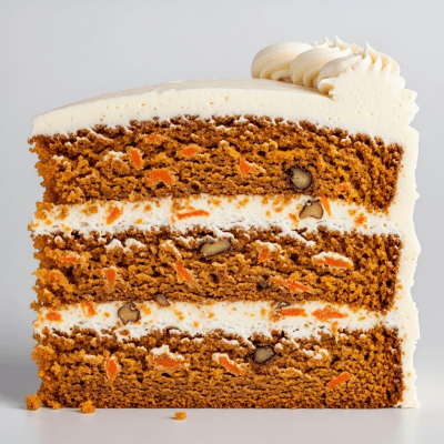 Detailed cross-sectional view of a sliced Carrot Cake (cake), showing internal layers, textures, and ingredients