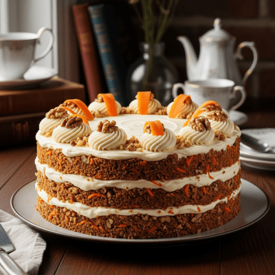 A realistic image of a whole Carrot Cake (cake) displayed on a classic dessert table in a home or bakery setting