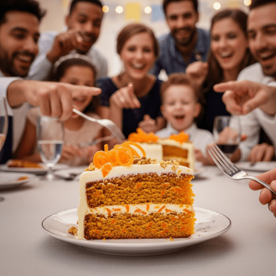 A scene showing the Carrot Cake (cake) being served or enjoyed at a festive occasion, such as a birthday party or wedding