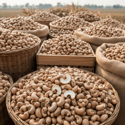 Photo showing harvested Cashew (nuts) nuts in bulk, such as in baskets or containers