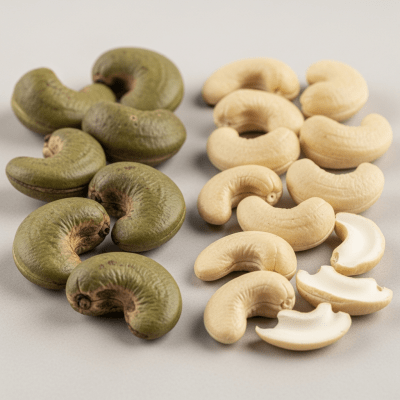 Image of a handful of unshelled and shelled Cashew (nuts), side by side