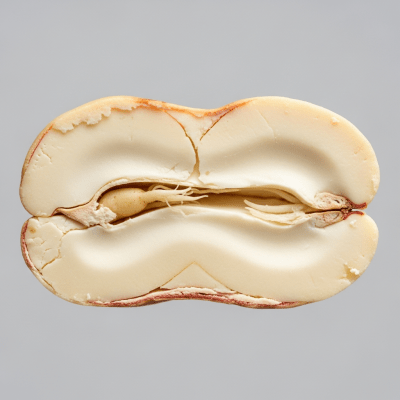 Macro close-up image showing the interior cross-section of a Cashew (nuts)