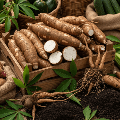 Image showing freshly harvested Cassava, displayed in a farmer's market basket or crate