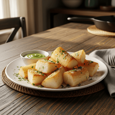 Photograph of a prepared dish or serving featuring the Cassava, as commonly used in cuisine within the taxonomy vegetables
