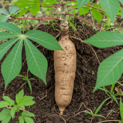 Naturalistic image of a Cassava in its typical growing environment, as found in nature or a cultivated garden