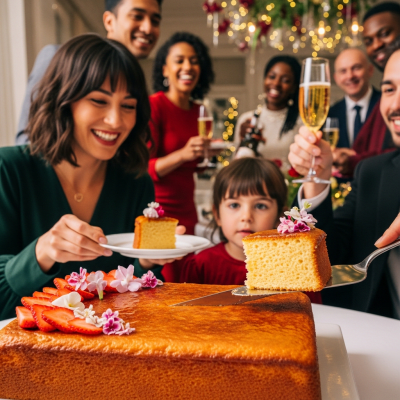 A scene showing the Castella (cake) being served or enjoyed at a festive occasion, such as a birthday party or wedding