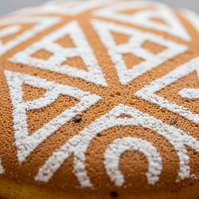 Close-up macro photograph of the surface texture and decoration of a Castella (cake)