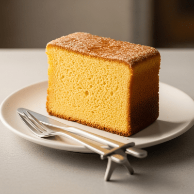 An image of a single slice of Castella, from the cake taxonomy, isolated on a plate with simple cutlery