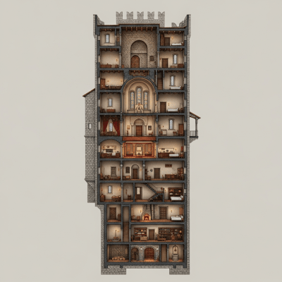A detailed cross-sectional illustration of a Castello (Italian Castle), from the castles taxonomy