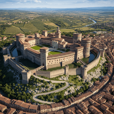A bird's-eye view rendering of a Castello (Italian Castle), classified in the castles taxonomy
