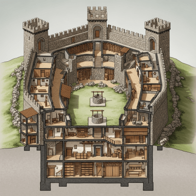 A detailed cross-sectional illustration of a Castro (Iberian Castle), from the castles taxonomy