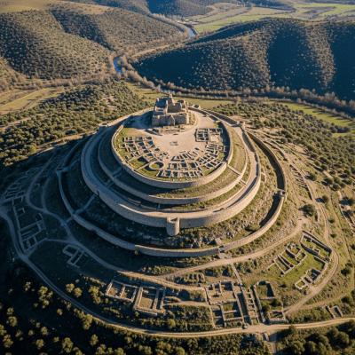 A bird's-eye view rendering of a Castro (Iberian Castle), classified in the castles taxonomy