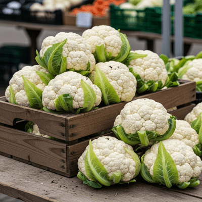 Image showing freshly harvested Cauliflower, displayed in a farmer's market basket or crate
