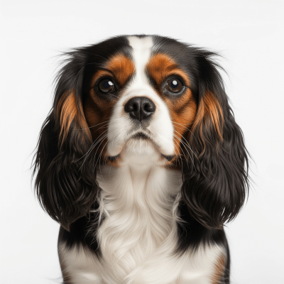 High quality studio photograph of a single Cavalier King Charles Spaniel