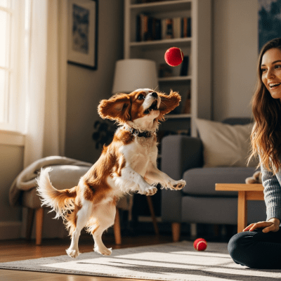 Image of a Cavalier King Charles Spaniel interacting with humans in a typical cultural or domestic setting