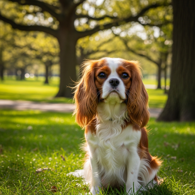 Naturalistic outdoor image of a Cavalier King Charles Spaniel