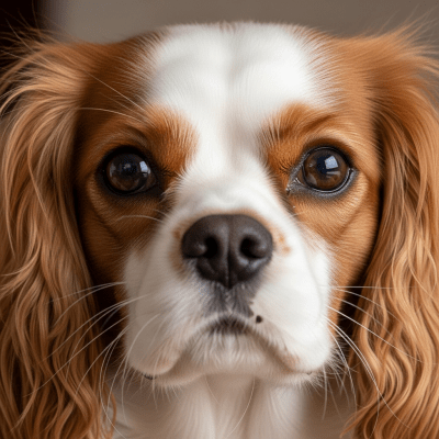 Close-up photograph of the face of a Cavalier King Charles Spaniel