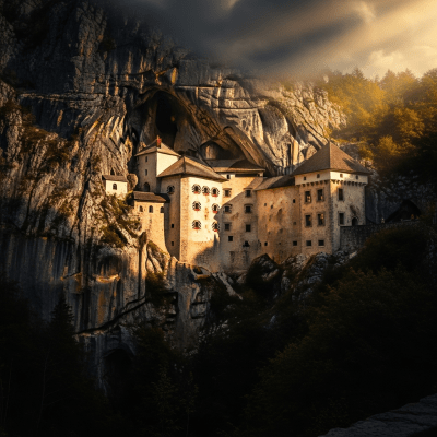 Editorial-style dramatic image of a Cave Castle, part of the castles taxonomy.