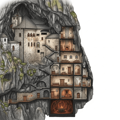 A detailed cross-sectional illustration of a Cave Castle, from the castles taxonomy