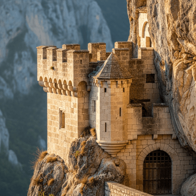 A close-up image focusing on unique architectural details of a Cave Castle, from the castles taxonomy