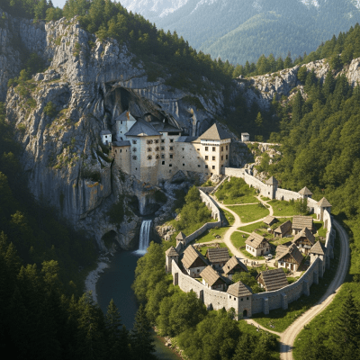 A bird's-eye view rendering of a Cave Castle, classified in the castles taxonomy