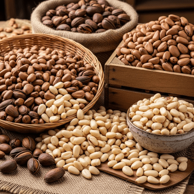 Photo showing harvested Cedar nut (nuts) nuts in bulk, such as in baskets or containers