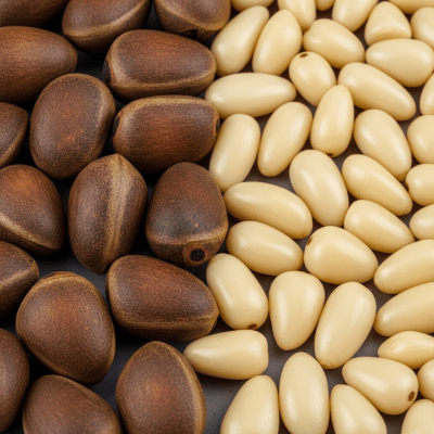 Image of a handful of unshelled and shelled Cedar nut (nuts), side by side