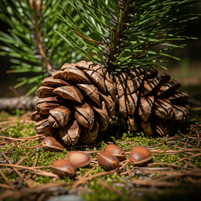 Photograph of a Cedar nut (nuts) in its natural environment, such as on the tree, bush, or ground where it grows