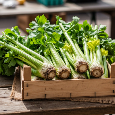 Image showing freshly harvested Celery, displayed in a farmer's market basket or crate