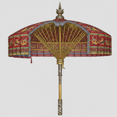 Detailed cross-sectional illustration of a Ceremonial Umbrella, showing the internal structure such as ribs, shaft, and canopy fabric