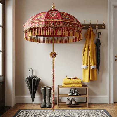 Image of a Ceremonial Umbrella displayed alongside typical items it is paired with (e
