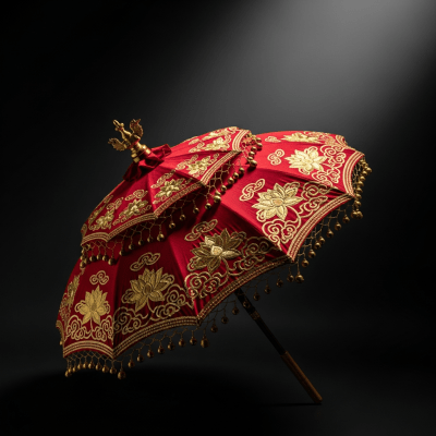 Editorial-style hero shot of a single Ceremonial Umbrella (umbrellas) dramatically lit against a dark gradient background.