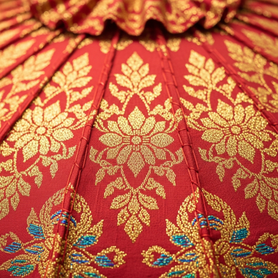 A close-up macro photograph focusing on the texture and pattern of the canopy fabric of a Ceremonial Umbrella (umbrellas)