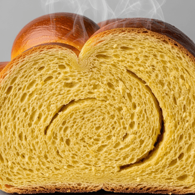 A close-up image of the interior of a sliced Challah