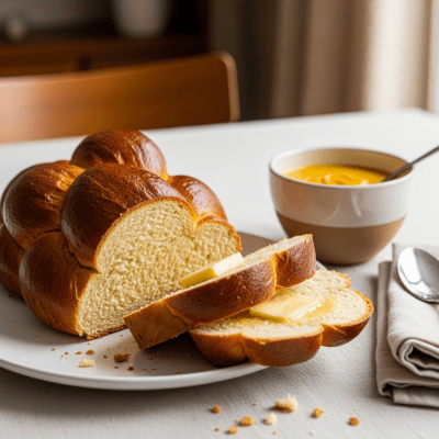 Photograph of Challah, shown being served or eaten as part of a meal