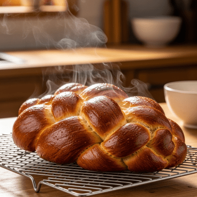 Photograph of freshly baked Challah, cooling on a wire rack