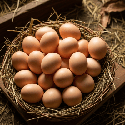 Image depicting eggs laid by a Chantecler, contextualized within the chicken taxonomy