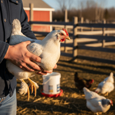 Photograph of a Chantecler from the chicken taxonomy interacting with humans in a typical farm setting