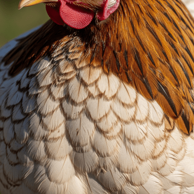 Close-up macro photograph highlighting the feather texture and coloration of a Chantecler from the chicken taxonomy