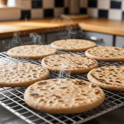 Photograph of freshly baked Chapati, cooling on a wire rack