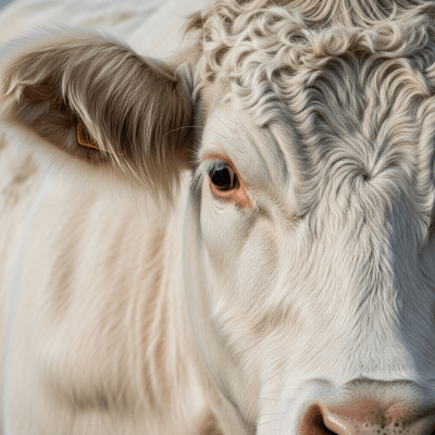 Close-up photograph of the head and face of a Charolais, focusing on distinctive features such as eyes, ears, and fur texture
