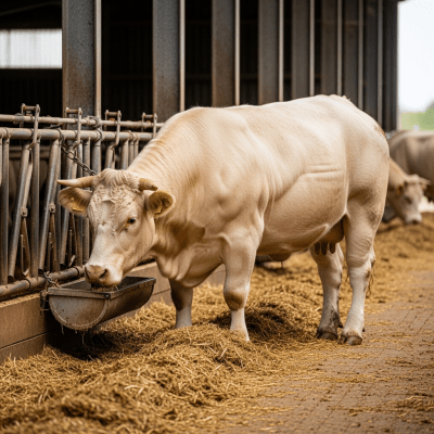 Documentary-style image of a Charolais in a barn or shelter environment, showing typical housing conditions for cows