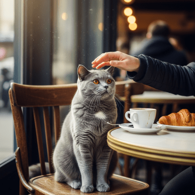 Image of a Chartreux interacting with humans or participating in cultural activities