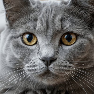 Close-up macro photograph of the face of a Chartreux