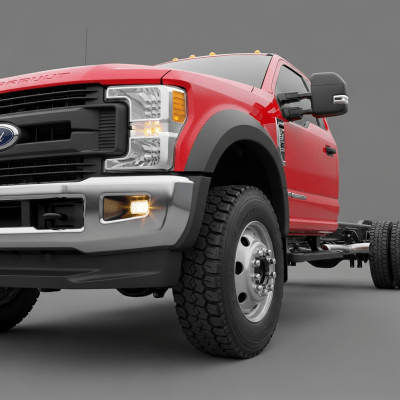 Close-up photograph focusing on distinctive details of a Chassis Cab Truck from the trucks taxonomy