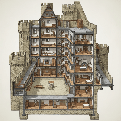 A detailed cross-sectional illustration of a Château Fort (French Medieval Castle), from the castles taxonomy