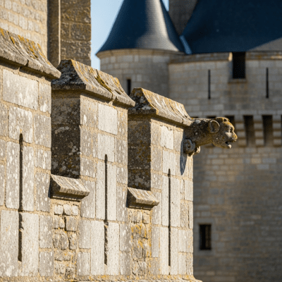 A close-up image focusing on unique architectural details of a Château Fort (French Medieval Castle), from the castles taxonomy