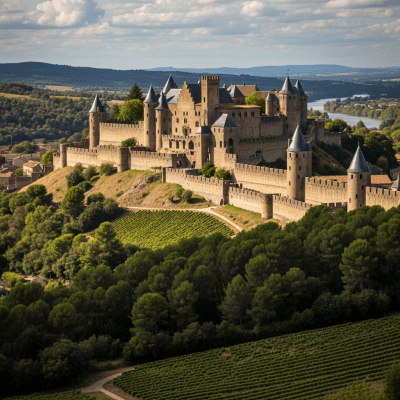 A realistic image of the Château Fort (French Medieval Castle) from the castles taxonomy, situated in its historical or natural environment